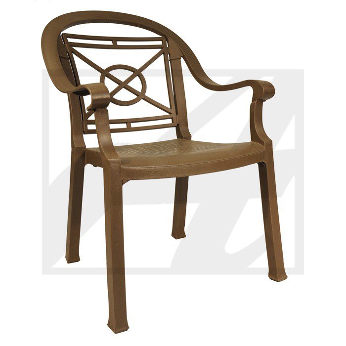 A brown plastic chair with armrests and decorative backrest design.
