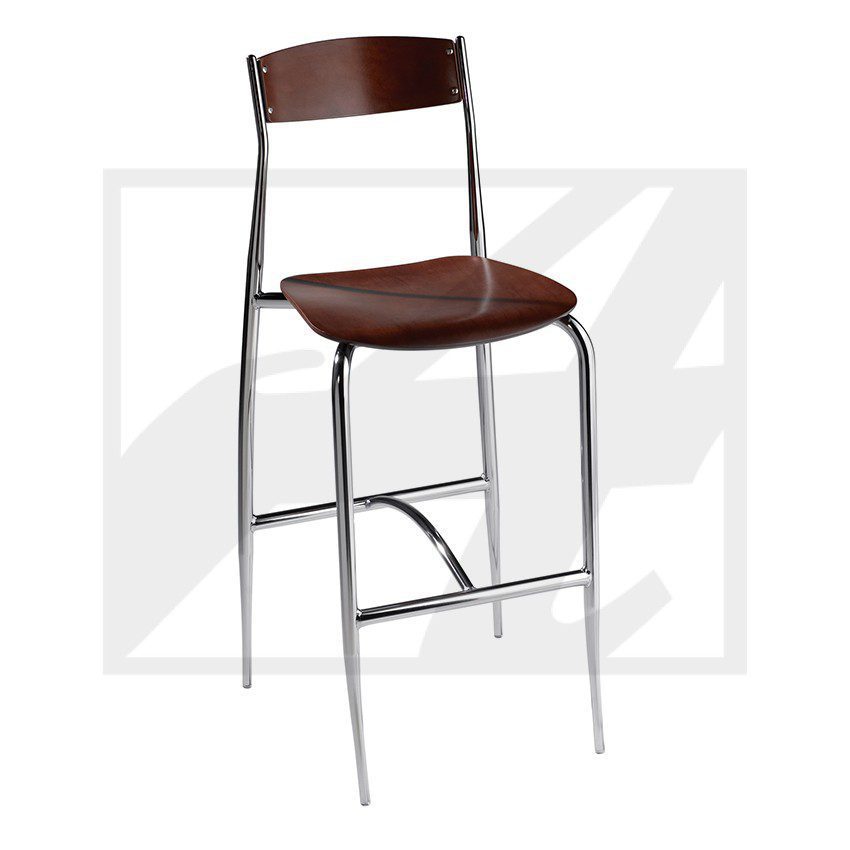 Modern bar stool with metal frame and wooden seat and backrest.