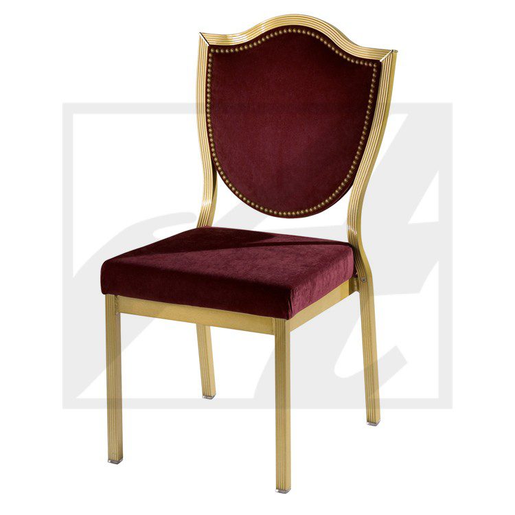 Elegant chair with burgundy velvet upholstery and gold frame.
