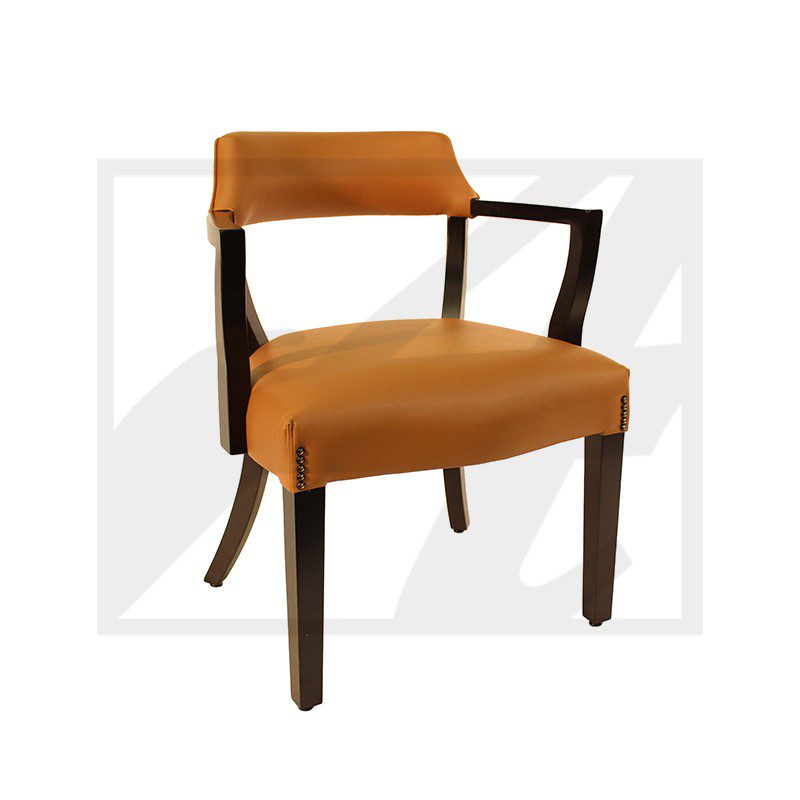 Modern wooden chair with orange upholstery and angular armrests.
