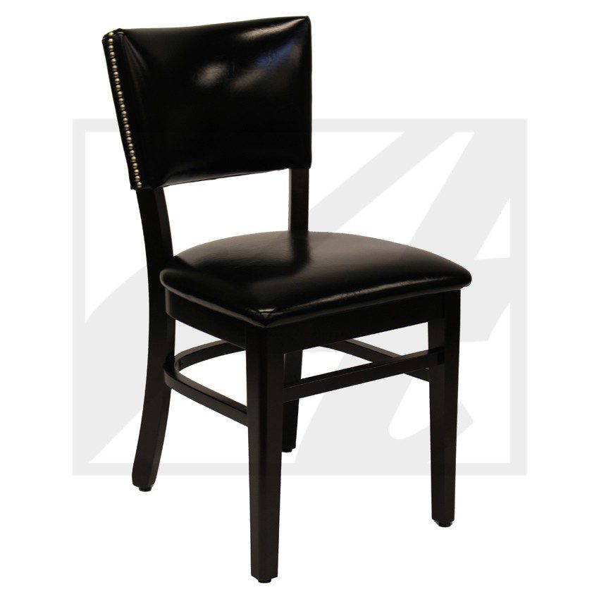 Black wooden chair with padded seat and backrest.