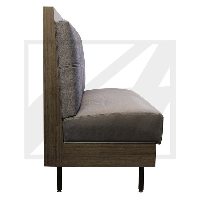 Side view of a modern upholstered bench seat with wooden frame and black legs.