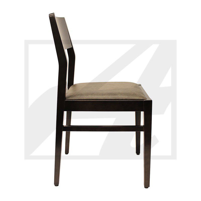 Side view of a wooden chair with a cushioned seat and a tall backrest.
