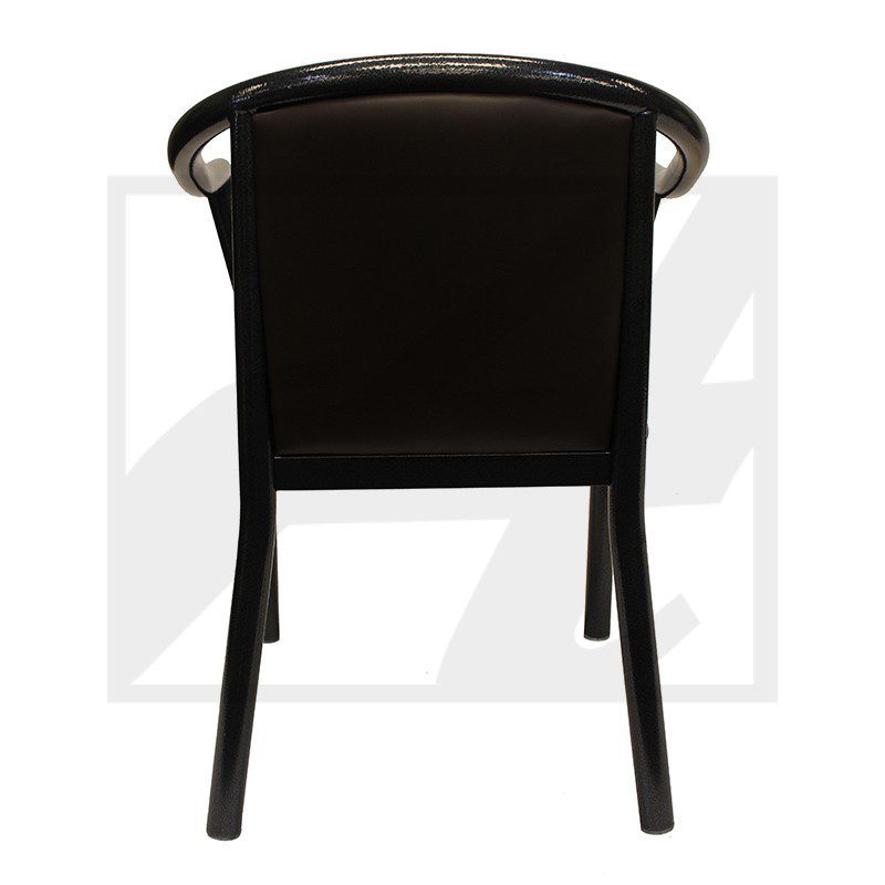 Back view of a modern black chair with a curved backrest.