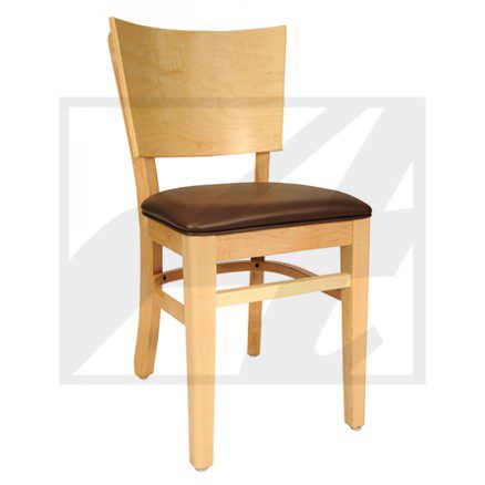 Wooden dining chair with a cushioned seat and curved backrest.