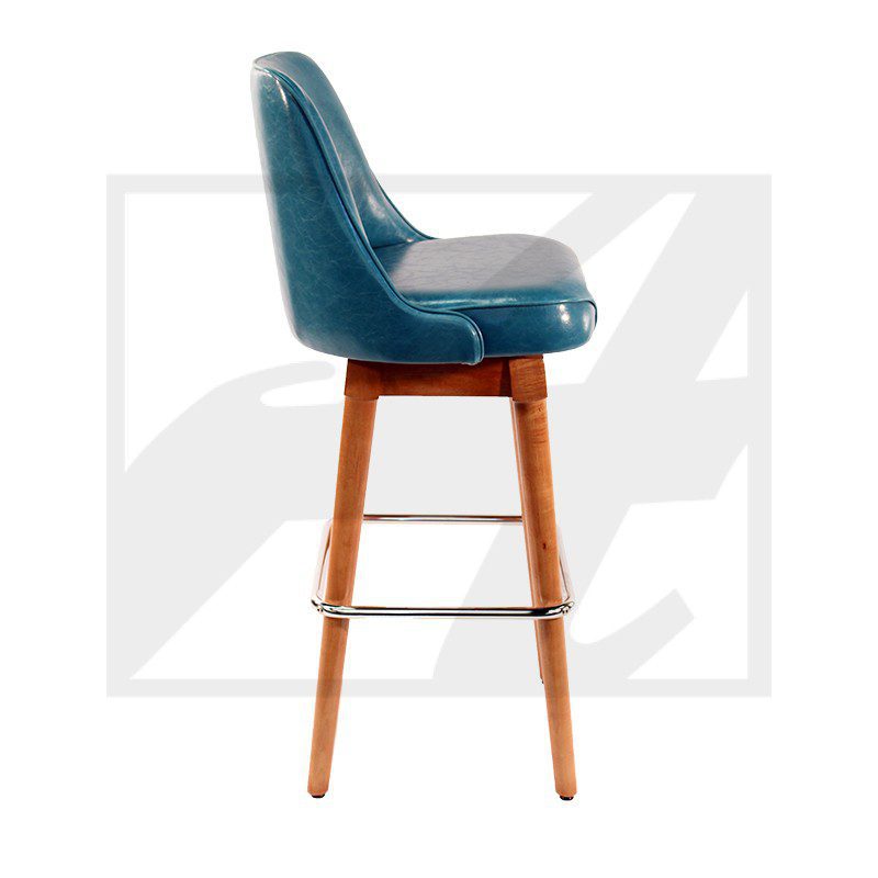 Modern blue bar stool with wooden legs and footrest.