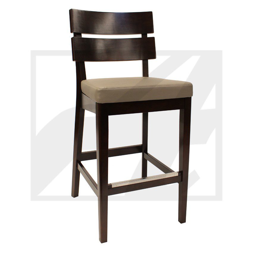 Wooden bar stool with cushioned seat and backrest.