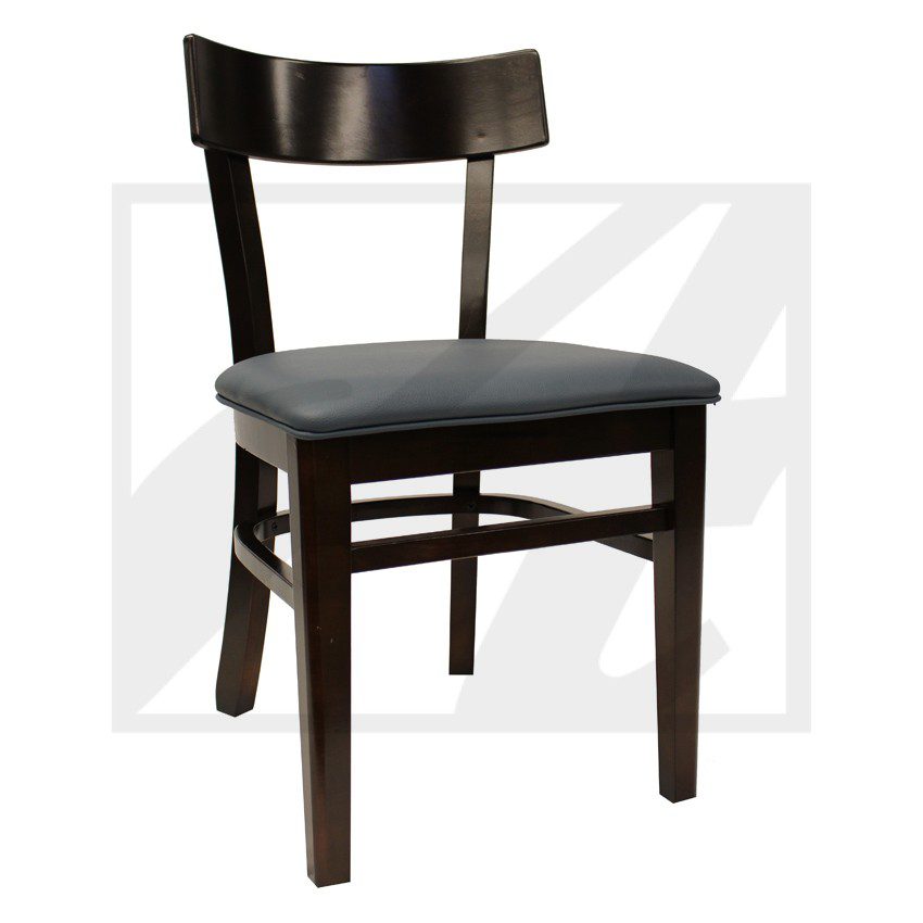 Dark wooden chair with a curved backrest and cushioned seat.