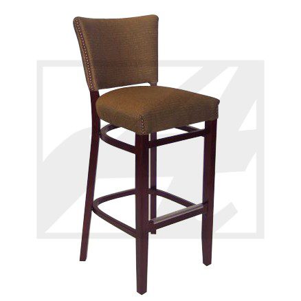Brown upholstered bar stool with wooden legs and footrest.