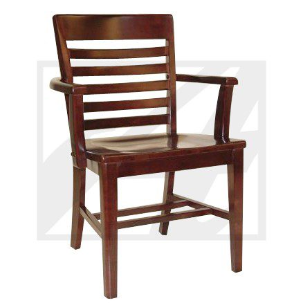 Wooden armchair with slatted back and sturdy legs.