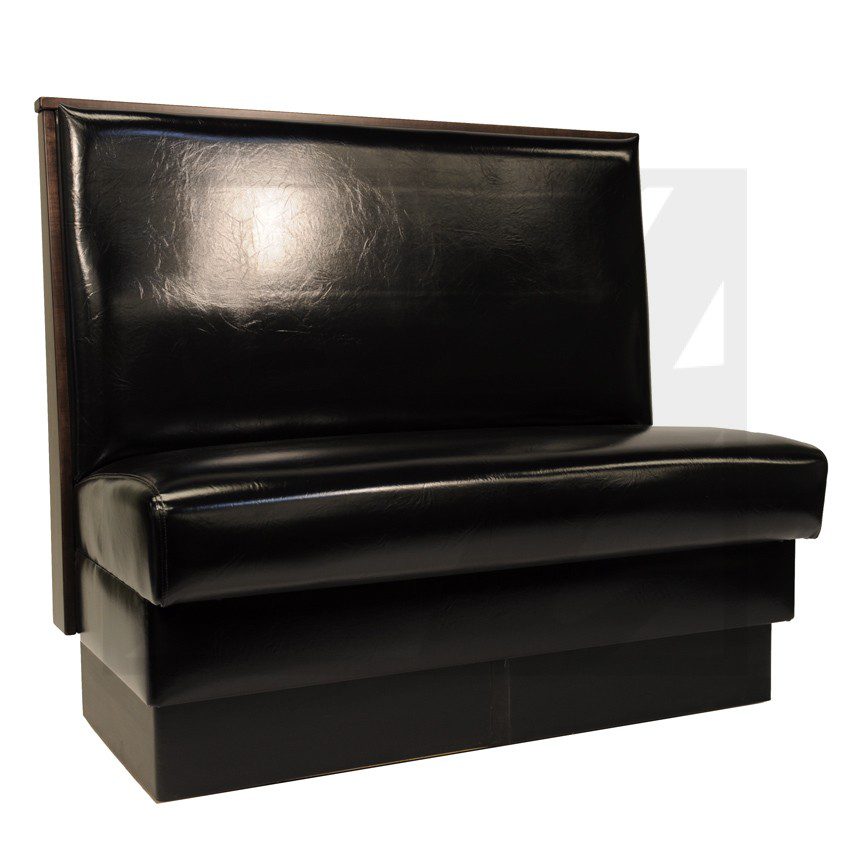 Black leather booth seat with high backrest.