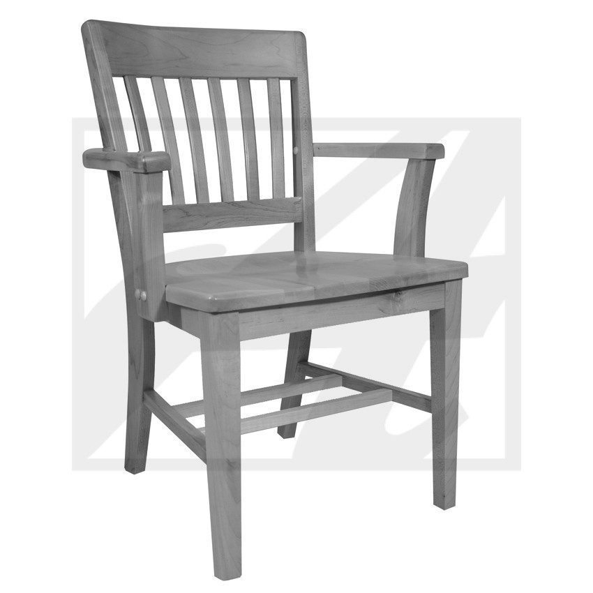 A classic wooden armchair with vertical slats on the backrest.