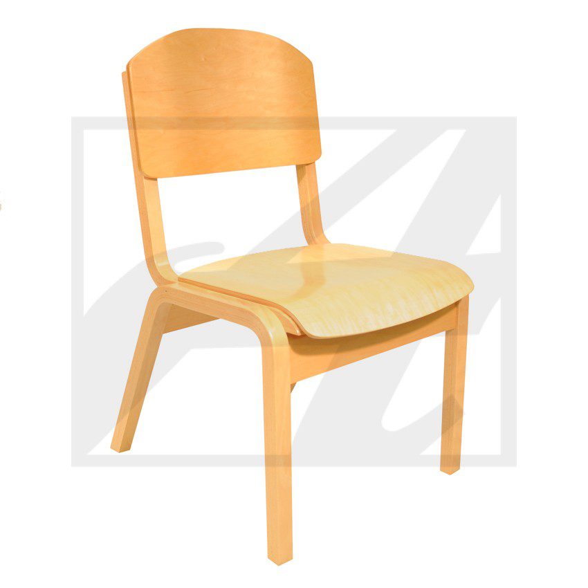 A modern wooden chair with a curved backrest and seat.