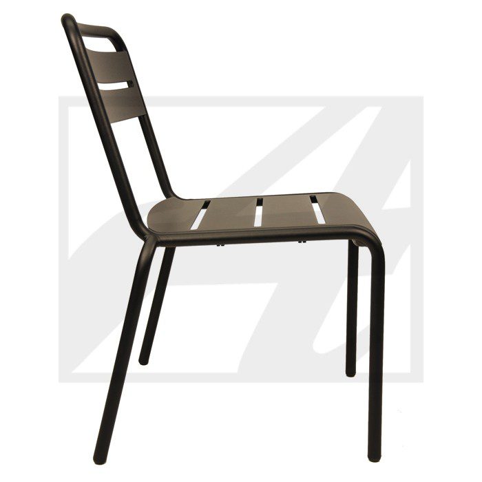 A simple metal chair with a brown seat and backrest on a white background.