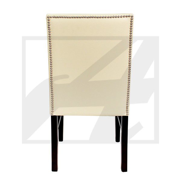 Back view of a beige upholstered chair with dark wooden legs.