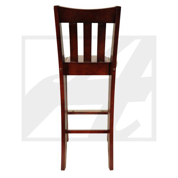 Tall wooden bar stool with a slatted backrest and footrest.