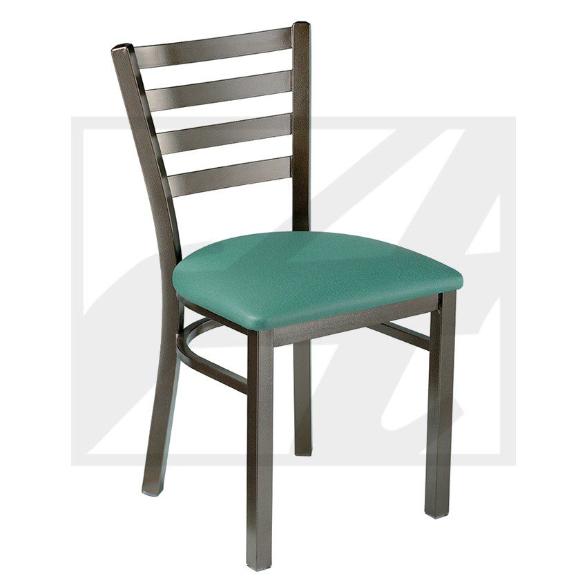 Wooden chair with a green cushioned seat and ladder back design.