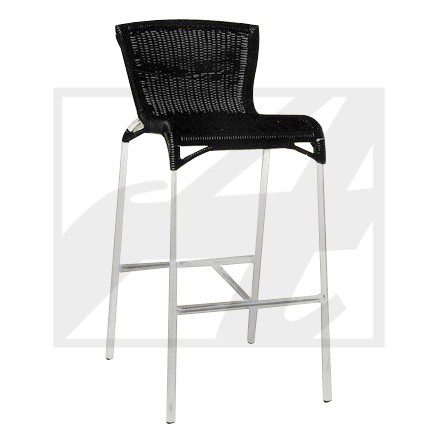 Modern black bar stool with metal legs and woven seat back.