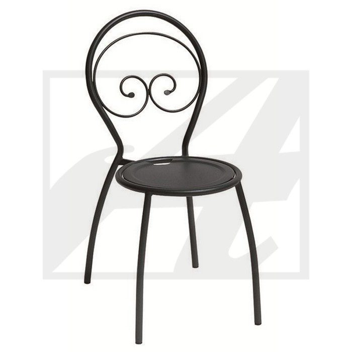 Black metal chair with a round seat and decorative backrest.