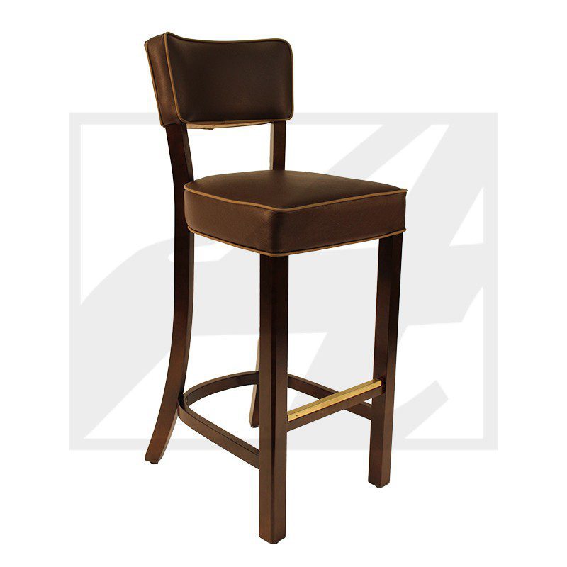 Classic wooden bar stool with a cushioned seat and backrest.