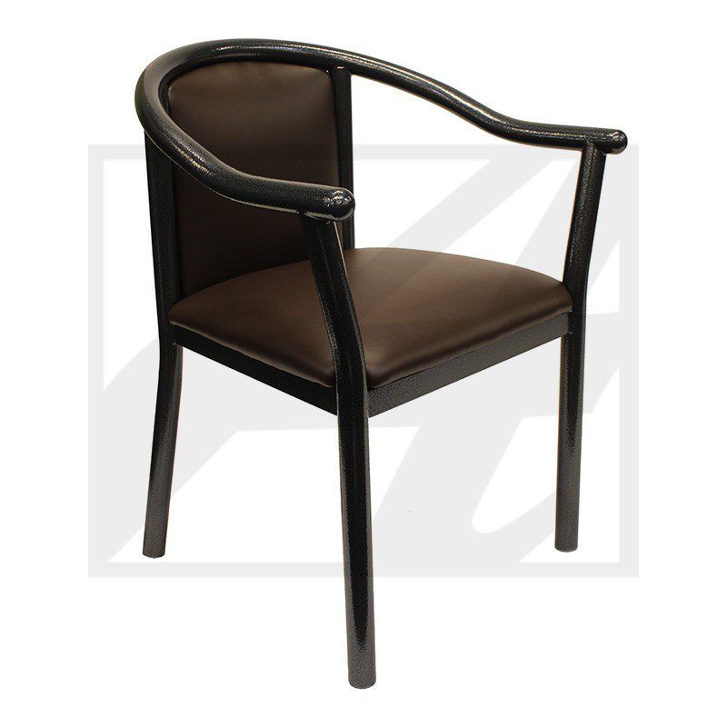 Modern wooden chair with curved backrest and brown cushion.