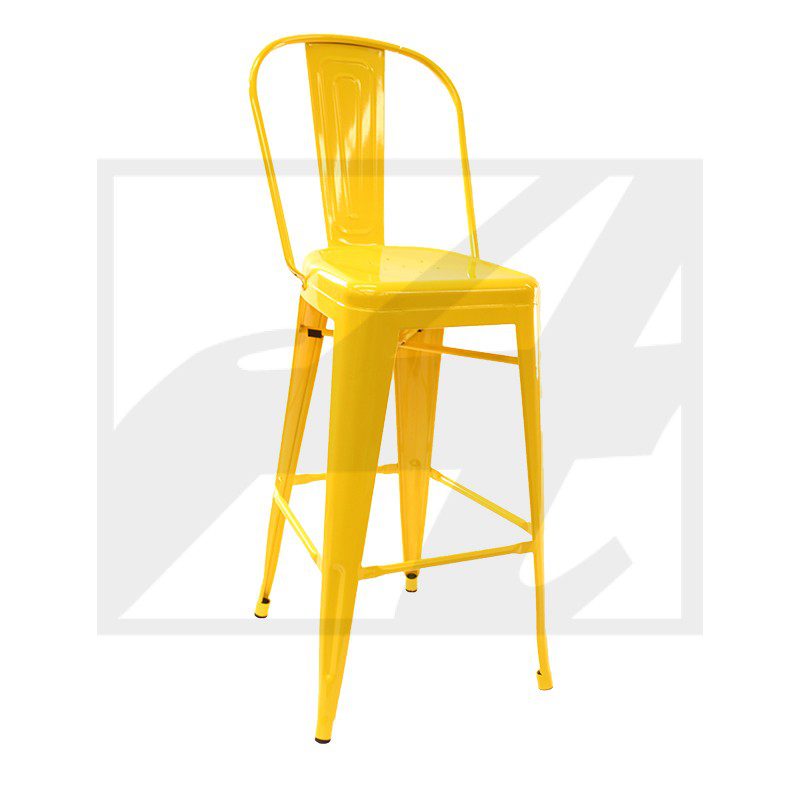 Yellow metal bar stool with a backrest and footrest.