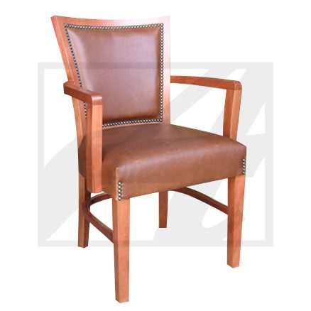 Wooden chair with leather seat and backrest, featuring armrests.