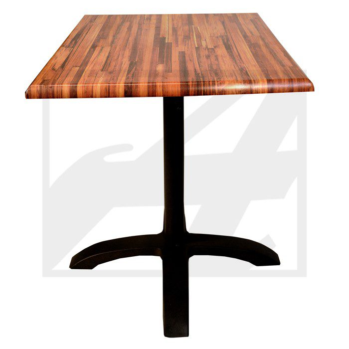 Wooden table with a black metal base.