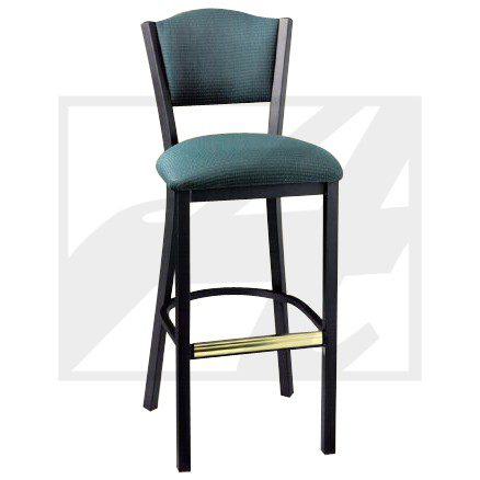 Elegant teal upholstered bar stool with black legs and brass footrest.