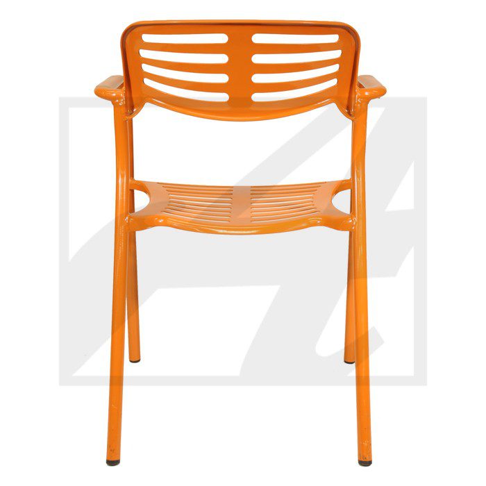 Orange plastic chair with a slatted backrest and seat.