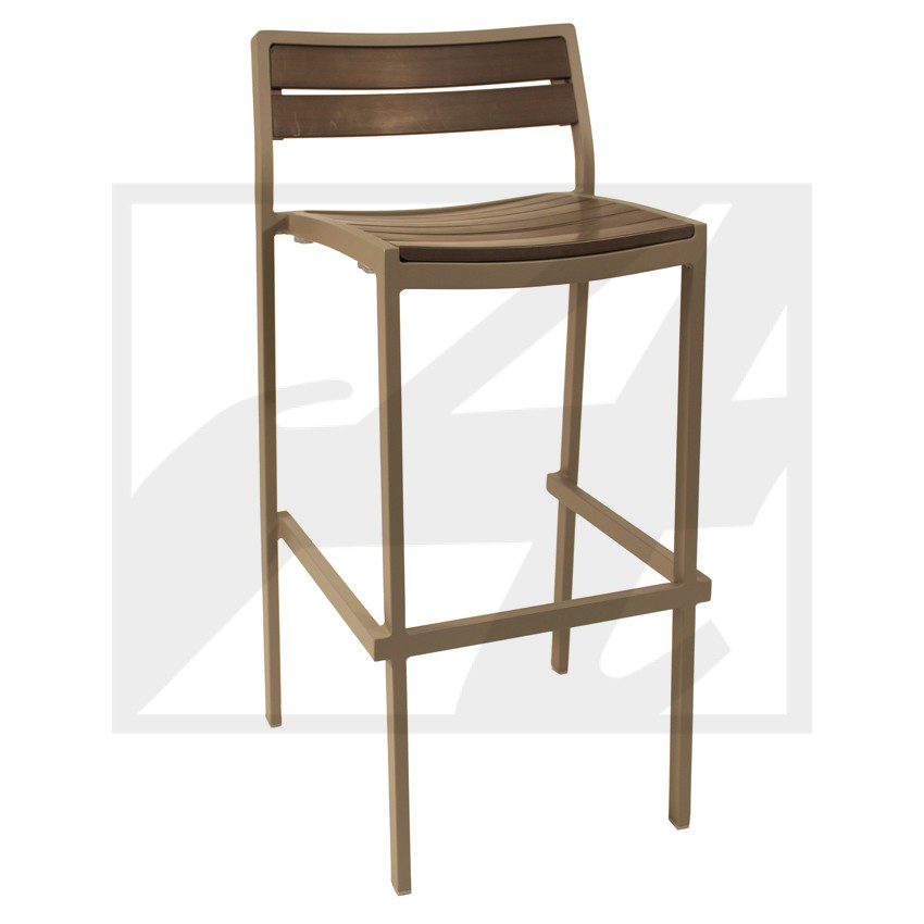 Wooden bar stool with a slatted backrest and footrest.
