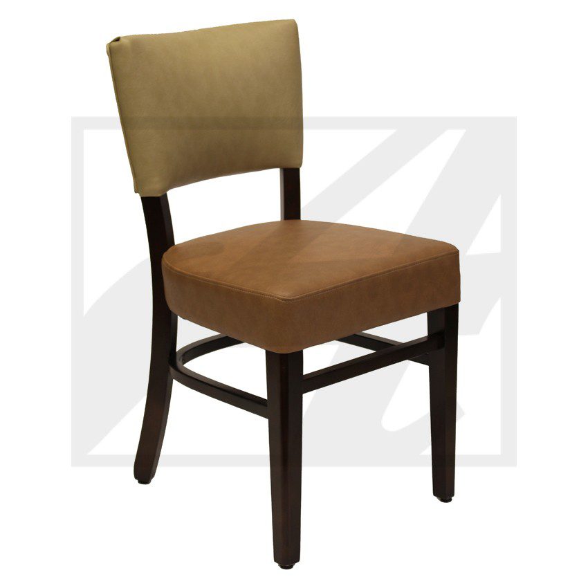 Wooden chair with cushioned seat and backrest in brown tones.