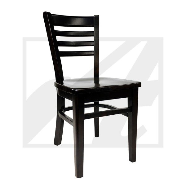 A black wooden chair with horizontal slats on the backrest.