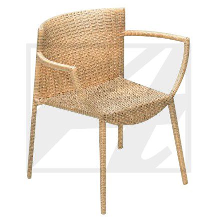 Modern wicker chair with a curved back and armrests.