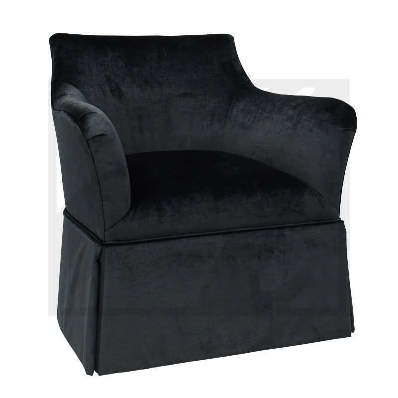 Elegant black velvet armchair with a modern design.
