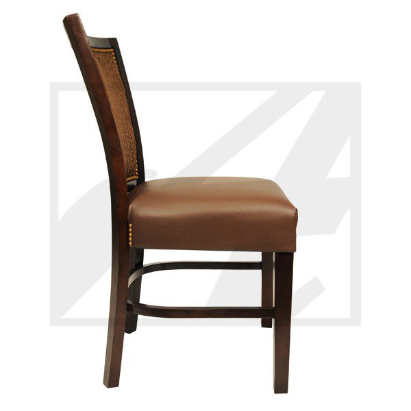 Side view of a brown leather dining chair with wooden frame.