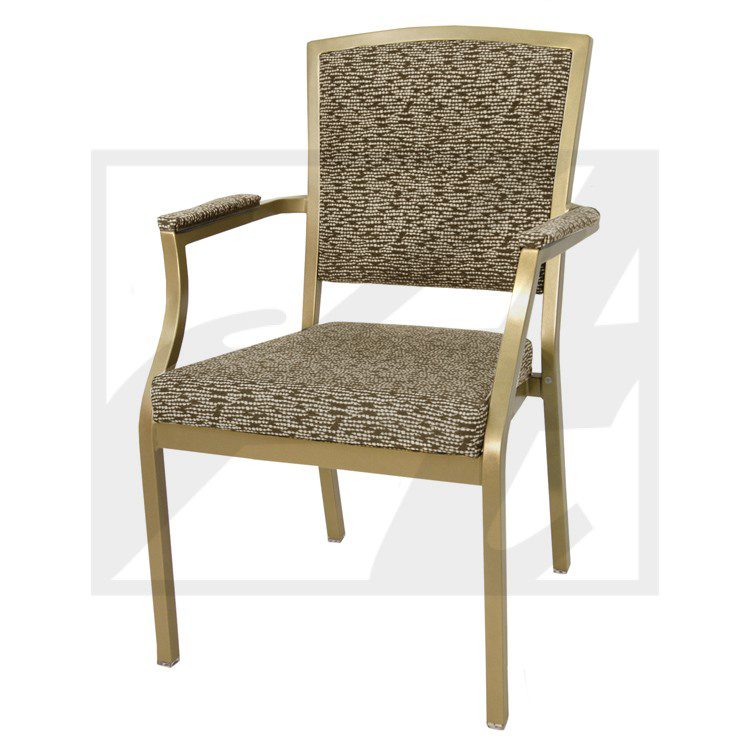 Wooden armchair with patterned upholstery and cushioned seat.