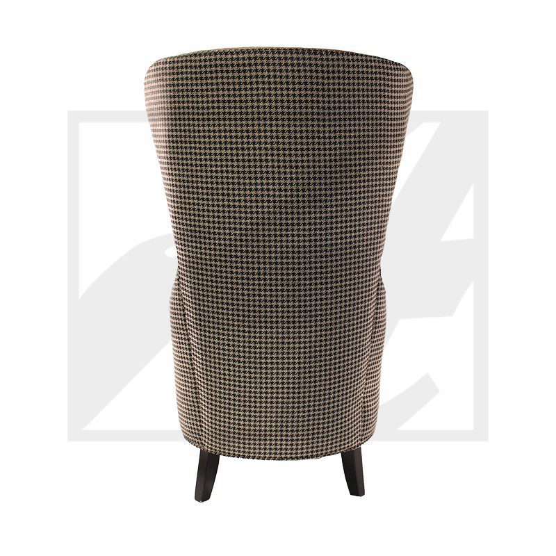 Rear view of a stylish upholstered armchair with wooden legs.