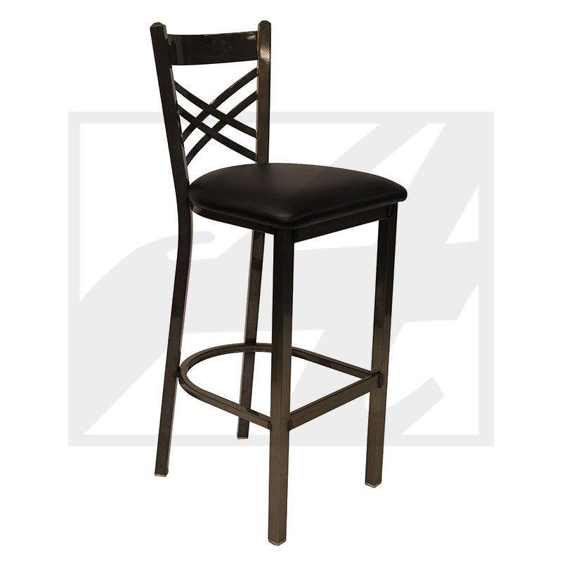 Wooden bar stool with cushioned seat and cross-back design.