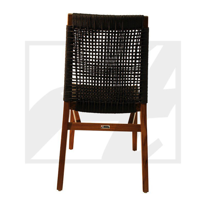 Back view of a wooden chair with woven backrest.