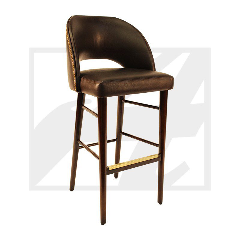 Elegant brown leather bar stool with wooden legs and brass footrest.