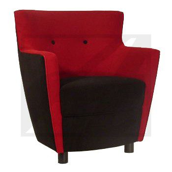 Modern armchair with red and black upholstery and a sleek design.