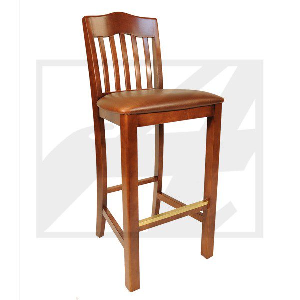 Wooden bar stool with a backrest and footrest.