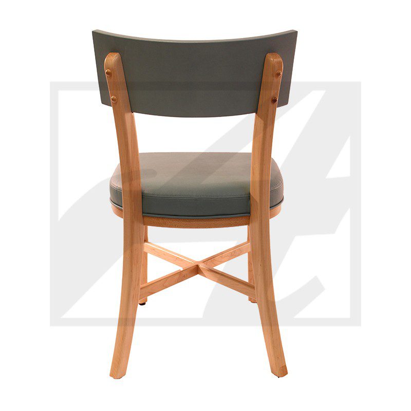 Wooden chair with black cushioned seat and backrest viewed from the back.