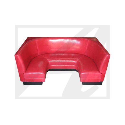 Red leather U-shaped sofa with backrest and armrests.