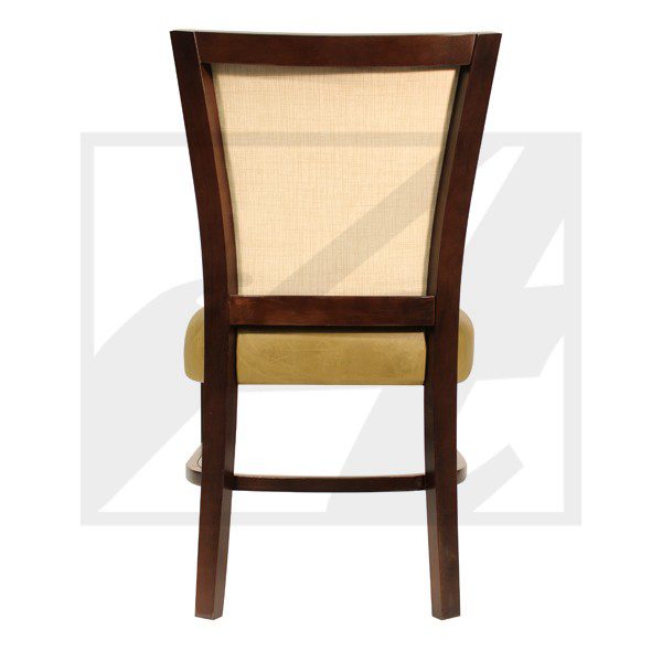 Wooden chair with beige fabric backrest and seat.