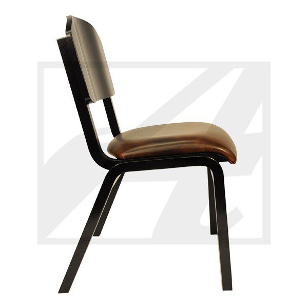 A brown and black padded chair with metal legs.