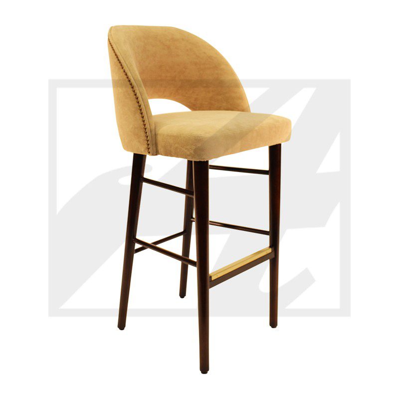 Modern bar stool with mustard upholstery and dark wooden legs.