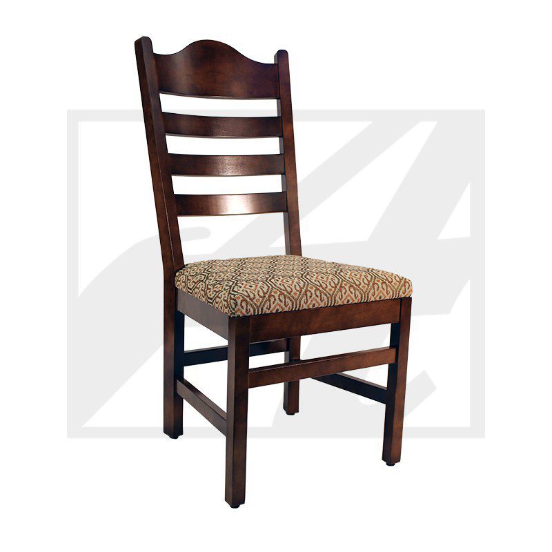Wooden chair with a woven seat and ladder back design.