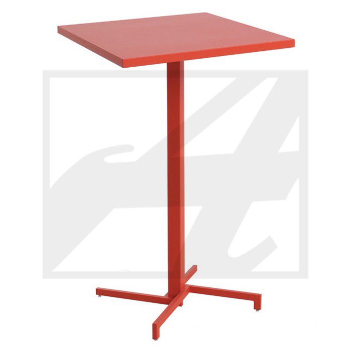 Red square standing table with a single central leg and cross base.